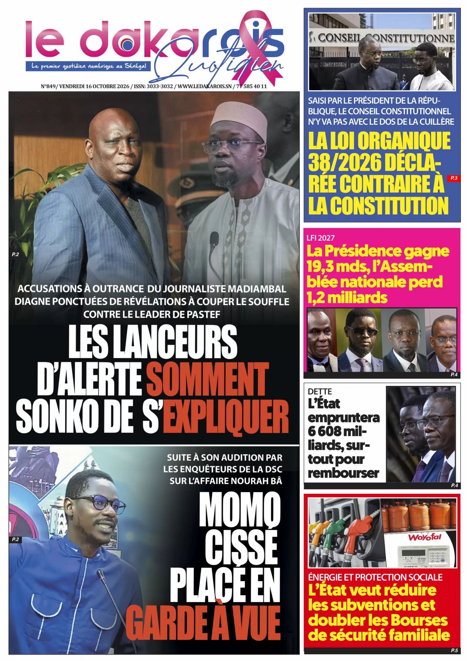 Le Dakarois Quotidien N°849 – 16/10/2026